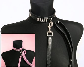 Collar and Leash Set, Custom Women Choker Collar, Name Choker Petplay Collar, Word Sub day Collar Necklace, Initial Letters, Sub leash