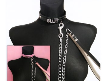 Collar and Leash Set, Custom Women Choker Collar, Name Choker Chain Leash Petplay Collar, Word Sub day Collar, Initial Letters, Sub leash