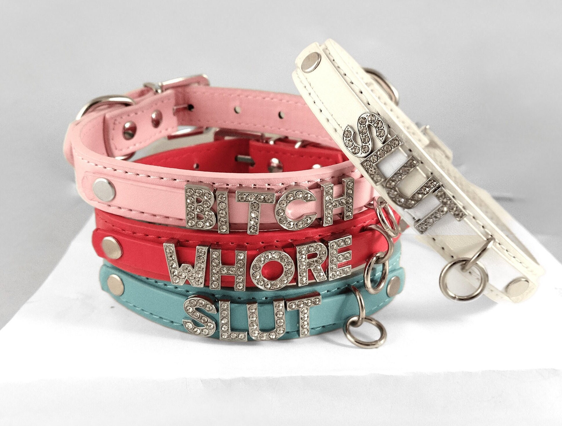 Thick o ring collar with huge letters in pink red white blue or
