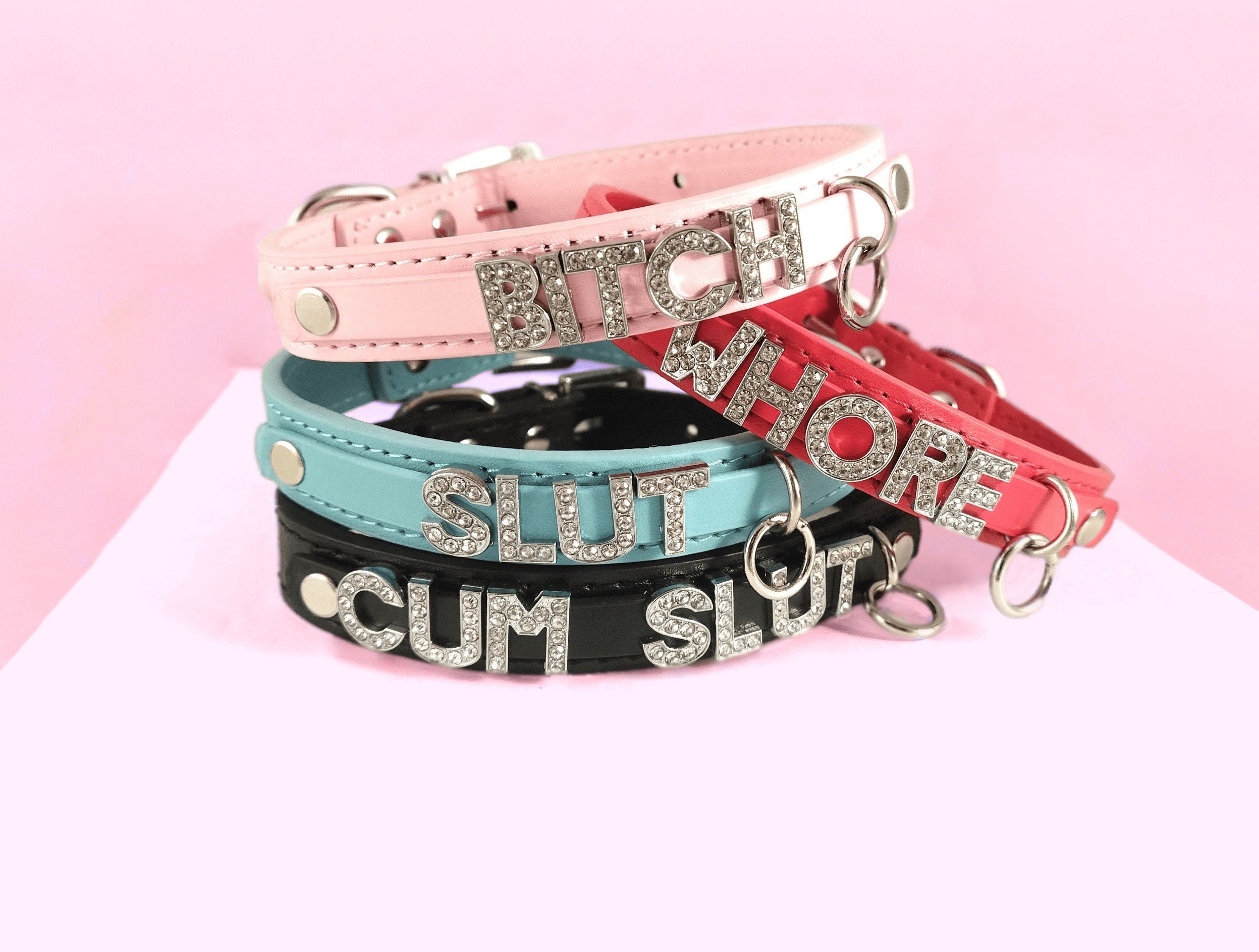 leather sex kitten collar and lead fetish bondage 10mm bling letters 16mm  wide
