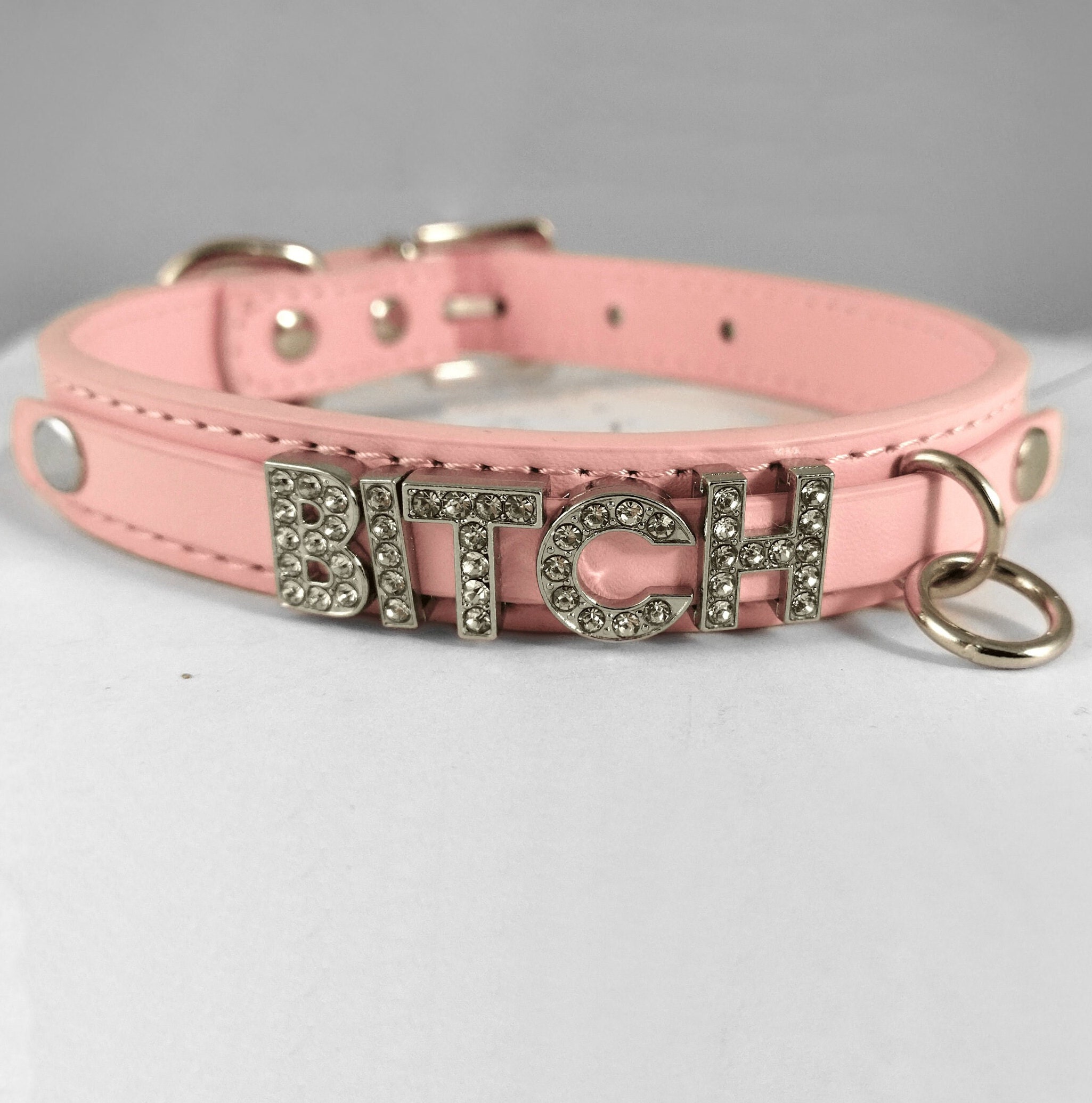 Thick o ring collar with huge letters in pink red white blue or