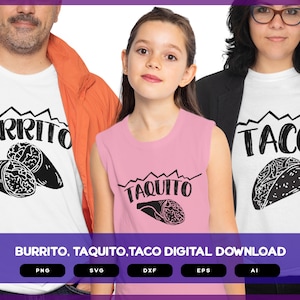 May include: Three white t-shirts with black text and illustrations of Mexican food. The shirts say "Burrito", "Taquito", and "Taco".
