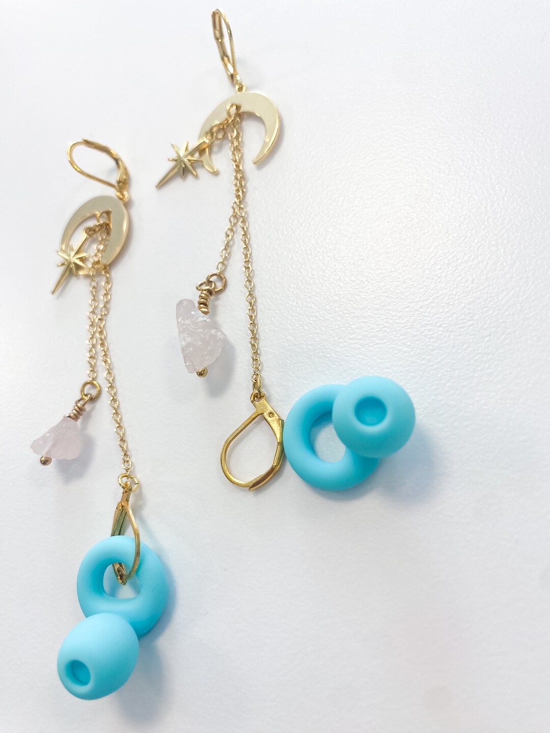 Rose Quartz and Moon Earrings for Loop Earplugs, Sensory Earrings
