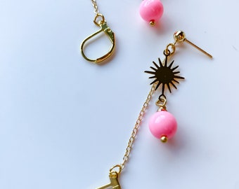 Sunburst pink earrings for Loop earplugs, sensory earrings, earplug earrings, ADHD autism accessory, festival gig anti loss earrings