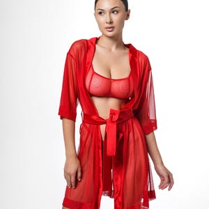 See through robe transparent lingerie, Red Sheer boudoir robe See through night dress, Transparent robe see through