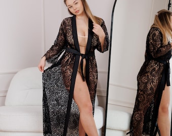 Black lace robe Long robe for women, See through Robe See through sheer robe, Sheer robes Women nightwear Transparent robe