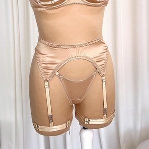 Beige Garter belt lingerie set and Micro extreme string bikini not censored, Satin thong panty,  Bikini micro little girl, Suspender belt