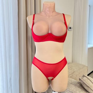 Könnte beinhalten: Rotes Dessous-Set mit einem Schnürdetail auf der Vorderseite des Höschens. Der BH ist im Balconnet-Stil mit tiefem Ausschnitt.