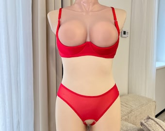 Lencería transparente, sujetador con abertura, lencería sin copas de tallas grandes, sujetador con abertura sin copas, bikini de lencería transparente