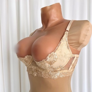 May include: A beige lace bra with gold embroidery and sheer cups. The bra has adjustable straps and a hook and eye closure in the back.