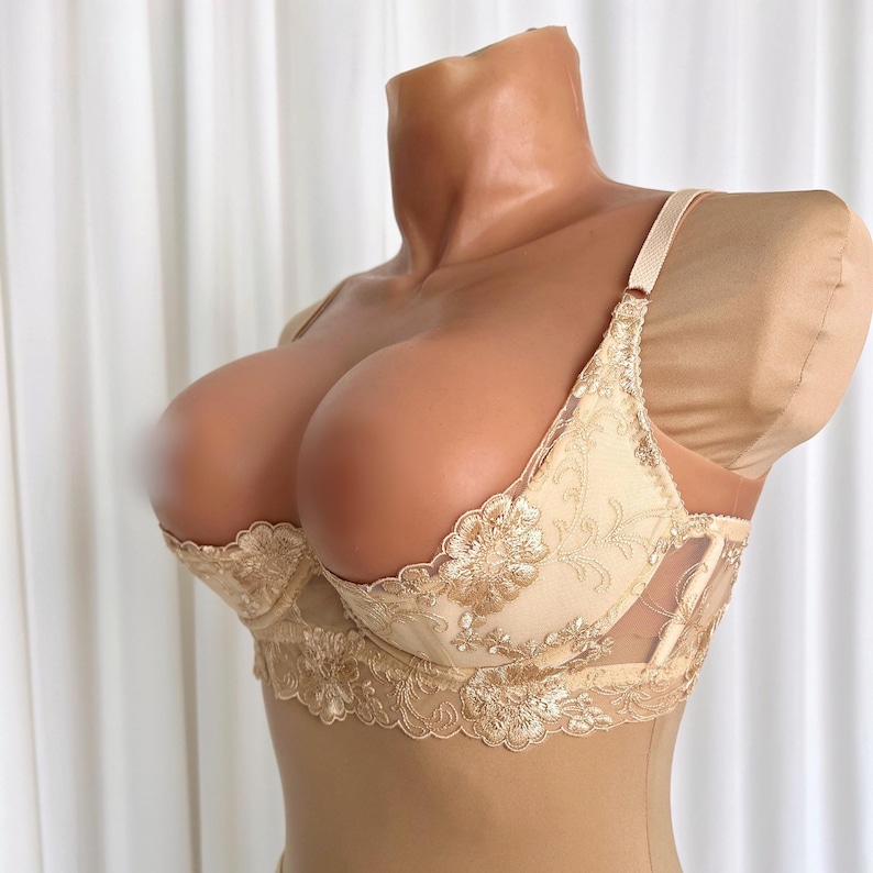 May include: A beige lace bra with gold embroidery and sheer cups. The bra has adjustable straps and a hook and eye closure in the back.