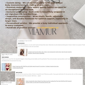K&ouml;nnte beinhalten: Das Bild zeigt Text: "AT THE HEART OF OUR BRAND IS YOUR COMFORT. HERE'S WHAT SETS US APART:" und Kundenbewertungen. Die Bewertungen erw&auml;hnen Dessous, Roben und BHs. Der Markenname "MIAMUR" ist auf einer Seidentasche zu sehen.