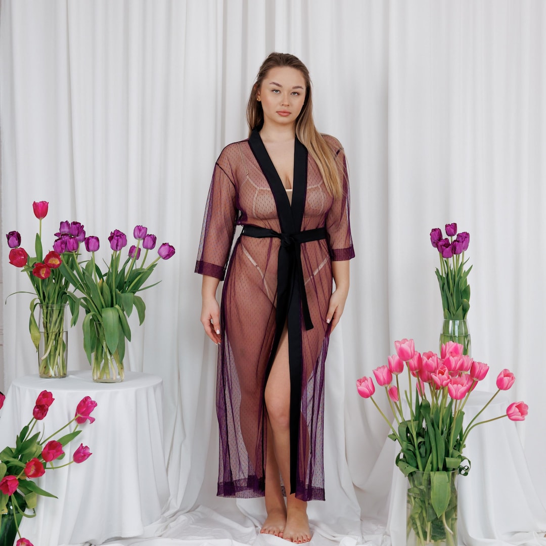 Purple Plus Size Sheer Robe, Lingerie See Through, Sheer Nightwear
