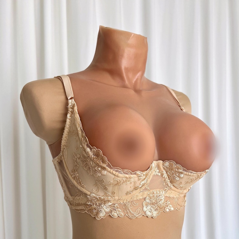 May include: A beige lace bra with a plunging neckline and floral embroidery.