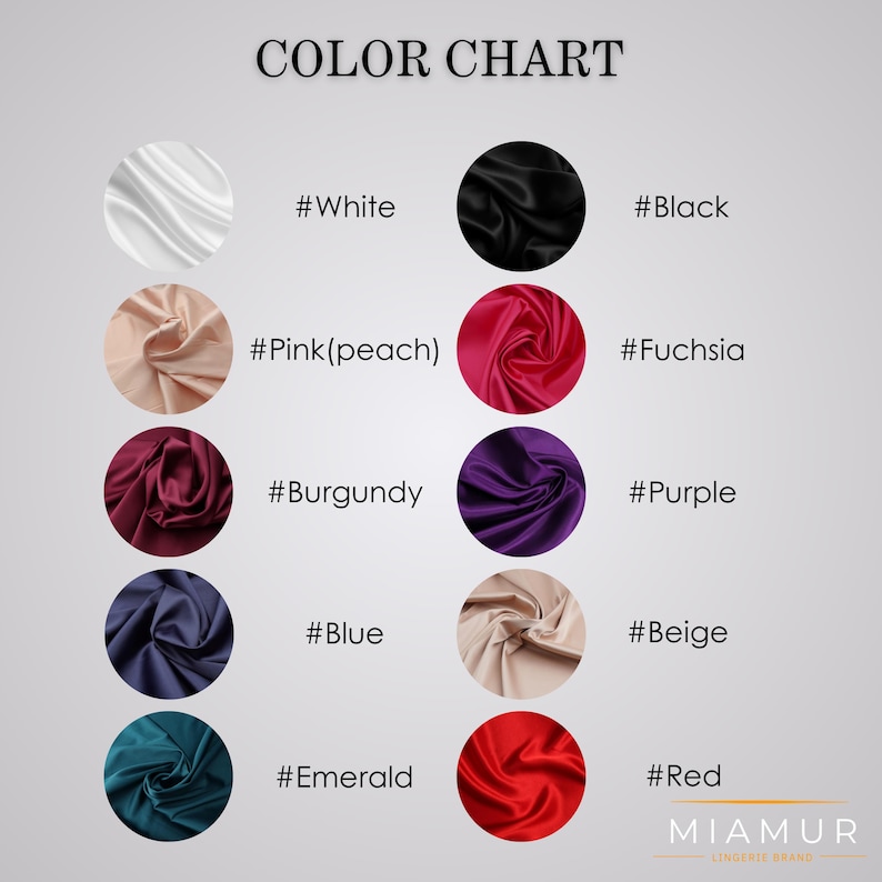K&ouml;nnte beinhalten: Farbtabelle mit Stoffmustern in verschiedenen Farben, darunter Wei&szlig;, Schwarz, Rosa, Fuchsia, Burgunder, Lila, Blau, Beige, Smaragdgr&uuml;n und Rot. Der Text "COLOR CHART" steht oben, mit dem Markennamen "MIAMUR" unten.