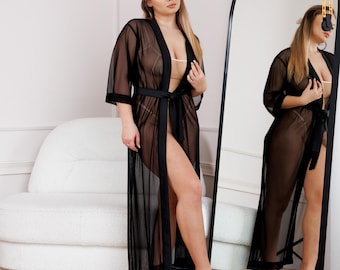 Sheer Mesh Robe – Bridal Kimono Lingerie, Sexy Plus Size Cover Up