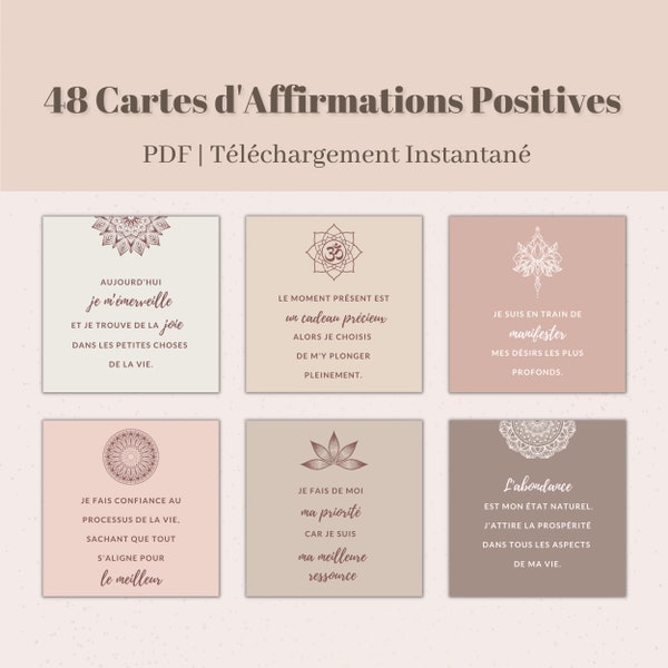 48 Cartes d'affirmations positives à imprimer, Mantra, Pensée positive, Rituel Bien être, Tableau de visualisation, Loi de l'attraction, PDF