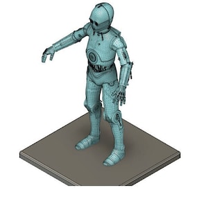 以下が含まれることがあります： 青と灰色のワイヤーフレームモデルのロボット。ロボットは灰色のプラットフォームの上に立っています。