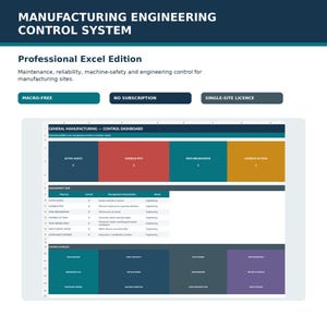 Könnte beinhalten: Software-Schnittstelle Manufacturing Engineering Control System Professional Excel Edition mit einem allgemeinen Fertigungs-Kontroll-Dashboard, das farbige Datenblöcke für aktive Anlagen, Wartung, Ausfälle und überfällige Aktionen anzeigt.