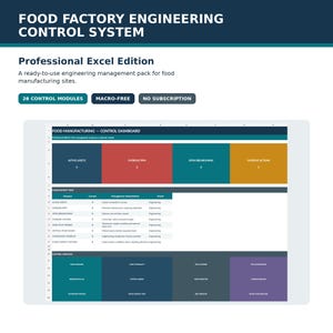 May include: A digital spreadsheet template titled Food Factory Engineering Control System Professional Excel Edition. It features a dashboard with colourful data blocks, a management view table, and a grid of twenty-six control modules.