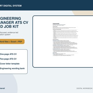 May include: A digital document kit titled Engineering Manager ATS CV and Job Kit, featuring a one-page CV template, a two-page CV template, a cover letter template, and an engineering wording bank, provided in Word, Excel, and PDF file formats.