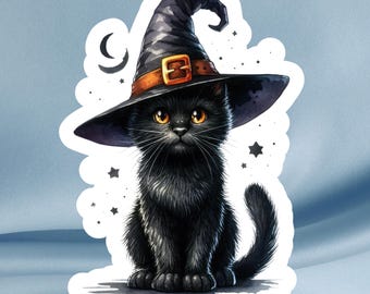 Witchy Black Cat Sticker, Halloween Wizard Hat, Cottagecore Laptop Decal