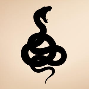 May include: A black silhouette of a snake with its mouth open, coiled in a striking pose. The snake's body forms loops and curves, creating a dynamic design. The background is a solid, neutral beige colour.