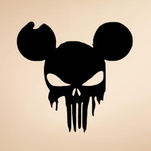 May include: Black graphic of a skull with mouse ears. The skull has white eyes and a dripping effect. The design is a silhouette on a beige background.