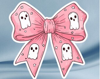 Naklejka z różową kokardą ducha: Upiorna naklejka winylowa Kawaii