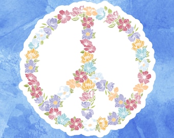 Pegatina floral con símbolo de la paz: estilo bohemio, hippie y retro