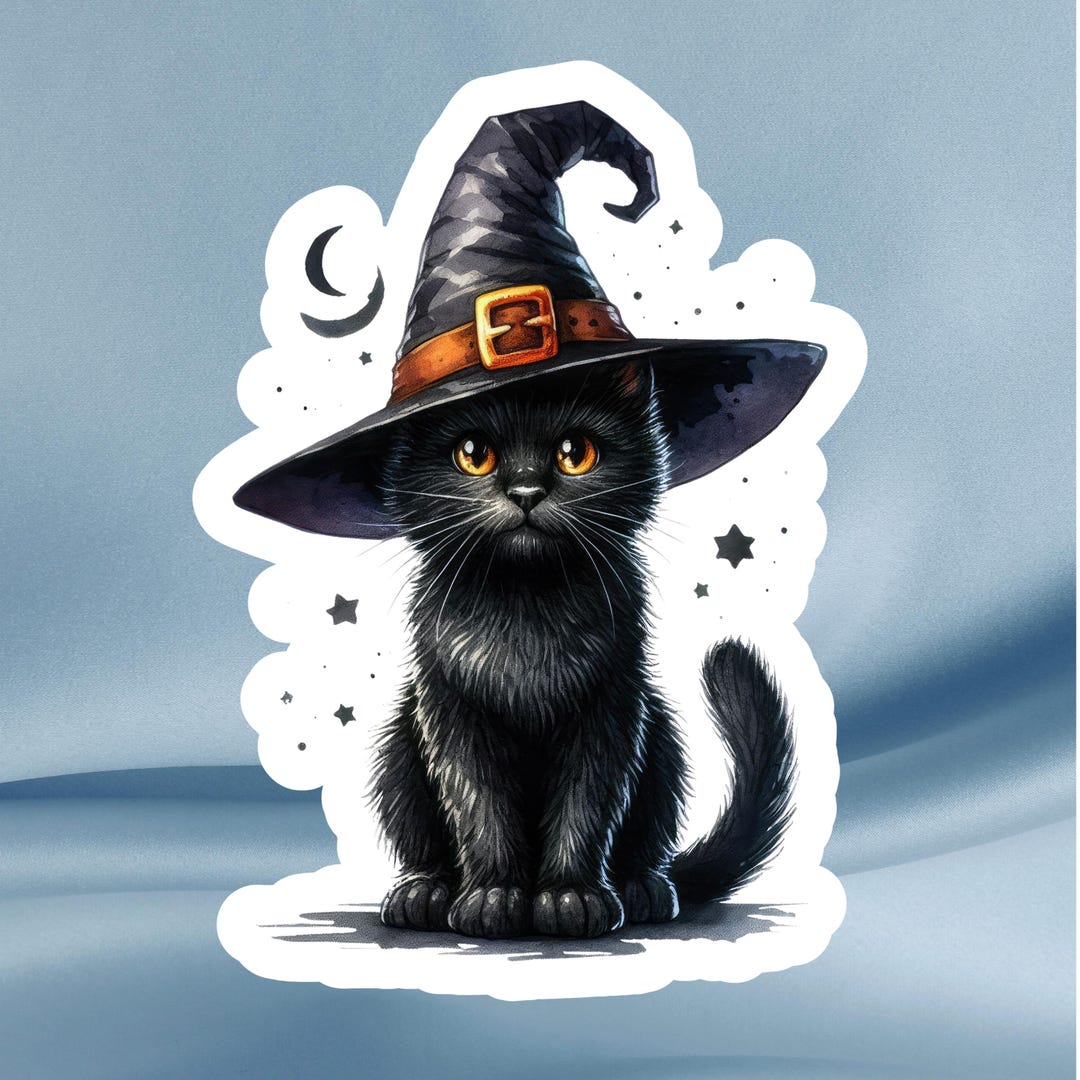 Witchy Black Cat Sticker, Cute Halloween Sticker With Wizard Hat & Moon ...