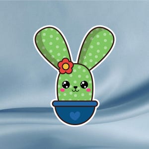 Pegatina de conejito de cactus: conejito kawaii con maceta y mejillas sonrojadas para diarios, portátiles, vasos, agendas y cuadernos.