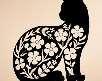 Floral Cat Vinyl Decal - Botanical Silhouette for Laptop or Car Window