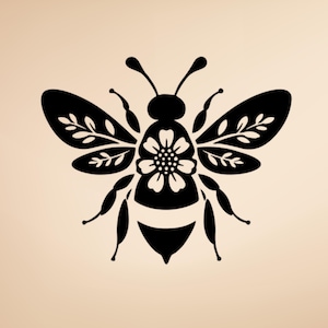 May include: A black and white bee illustration with a floral design on the body and leaf patterns on the wings. The bee is centered on a beige background, showcasing a detailed and symmetrical design.