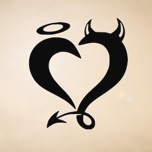 Angel Devil Heart Vinyl Decal – Duality Love Symbol Sticker with Horns, Halo & Tail – Good and Evil Car Window or Laptop Decal, Kindle Decal