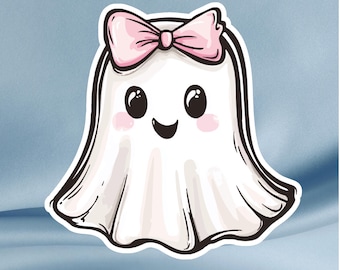 May include: A white cartoon ghost sticker with a pink bow on its head. The ghost has large black eyes, rosy cheeks, and a smiling mouth. The sticker has a black outline and is set against a light blue background.