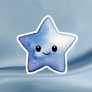 Niedlicher blauer Aquarell Stern Aufkleber – Lächelnder Kawaii Galaxie Stern Aufkleber für Journals, Laptops, Wasserflaschen, Planer, Notizbücher, Kindles