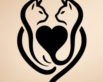 Two Cats Heart Vinyl Decal: Cat Lover Car Laptop Sticker