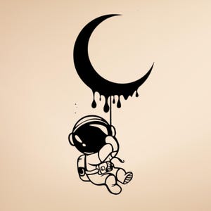 May include: Black and white illustration of an astronaut hanging from a crescent moon. The moon has a dripping paint effect. The astronaut is wearing a spacesuit and helmet, with a detailed design.
