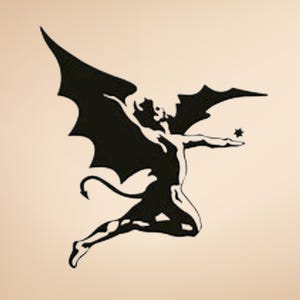 May include: A black silhouette of a winged figure with a tail, holding a star. The figure is in a dynamic pose, with arms outstretched and wings spread. The image has a minimalist design.