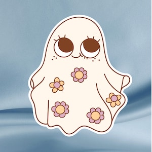 Retro Cute Ghost Sticker With Flowers, Pastel Spooky Ghost, Fun Halloween Sticker for Laptops, Tumblers, Notebooks, Water Bottles, Journals