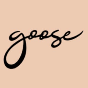 May include: The word "goose" in a cursive, black font is centered on a light peach background. The letters are connected, with a flowing, elegant style. The background is a solid, neutral color.