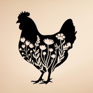 May include: A black silhouette of a hen with a detailed floral design filling its body. The flowers and leaves are white, creating a striking contrast against the solid black shape. The hen is depicted in profile, with its comb and wattle clearly visible.