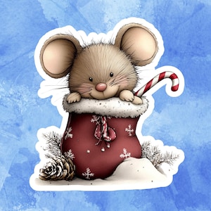 May include: A cute cartoon mouse peeks out of a red Christmas stocking, holding a candy cane. The stocking is decorated with snowflakes and trimmed with white fur. A pine cone and evergreen sprigs sit in the snow.