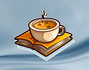 コーヒーと本のステッカー - 光沢のあるビニール製、耐候性デカール