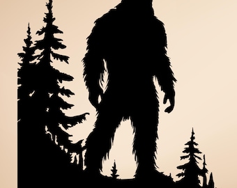 May include: A black silhouette of Bigfoot standing in a forest setting. The image features detailed outlines of trees and the iconic figure, creating a striking contrast against the neutral background.