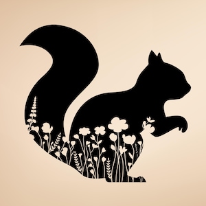 May include: A black silhouette of a squirrel with a fluffy tail, filled with white floral designs. The squirrel is in a side profile, with its paws together. The background is a light beige color.