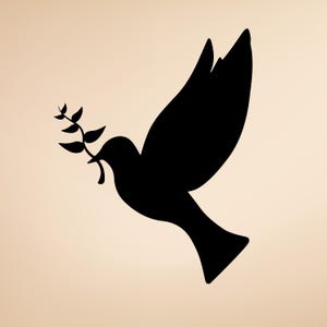 May include: A black silhouette of a dove in flight, carrying an olive branch in its beak. The bird's wings are spread, and the design is set against a beige background. This image is a symbol of peace and tranquility.