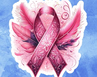 Pink Ribbon Aufkleber: Floraler Federentwurf, Geschenk zur Brustkrebs-Aufklärung