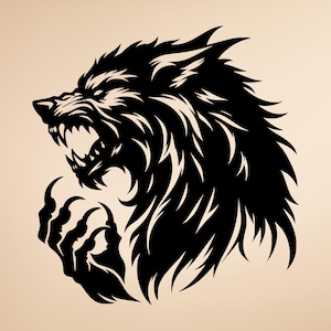 May include: A black and white illustration of a snarling wolf's head with sharp teeth and claws. The wolf's fur is detailed with pointed edges, and the claws are extended. The image is set against a neutral background.